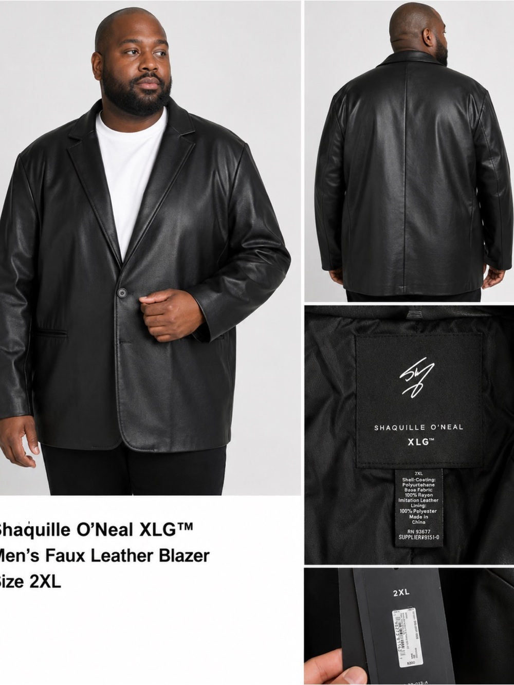 NWT Shaquille O’Neal XLG Faux Leather Blazer Black Men’s 2XL Big & Tall